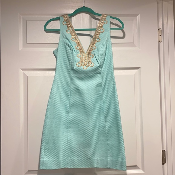 lilly pulitzer turquoise and gold dress Lilly Pulitzer Womens Suzette Shift Dress (Size 2) (Serene Blue)